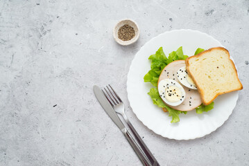Sandwich with greens, turkey meat and egg on a gray background. Healthy food.