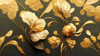 Golden floral background,  gold flowers, 4k abstract vintage flower design, mural art, gold luxury, luxurious nature, 3D illustration, 3D render.