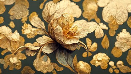 Golden floral background,  gold flowers, 4k abstract vintage flower design, mural art, gold luxury, luxurious nature, 3D illustration, 3D render.