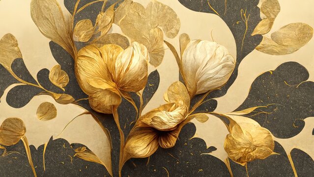 Golden floral background, gold flowers, 4k abstract vintage flower design, mural art, gold luxury, luxurious nature, 3D illustration, 3D render. © Fortis Design