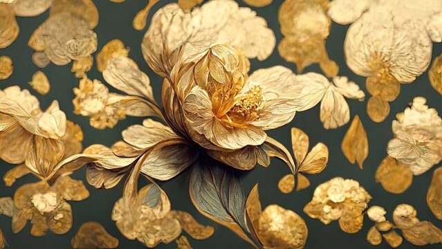 Golden floral background,  gold flowers, 4k abstract vintage flower design, mural art, gold luxury, luxurious nature, 3D illustration, 3D render.