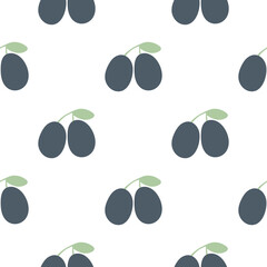 Fototapeta na wymiar Plums hand drawn seamless pattern vector illustration. Simple background with berries. Print juicy blue berries with foliage on white backing. Model for textile, packaging, paper and design