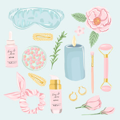 Self-care, cosmetic and beauty element set. Skincare products vector illustration. - 523794641