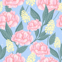 Seamless pattern with roses and peonies. Floral background for fabric, wrapping, textile, wallpaper, apparel. Vector illustration.