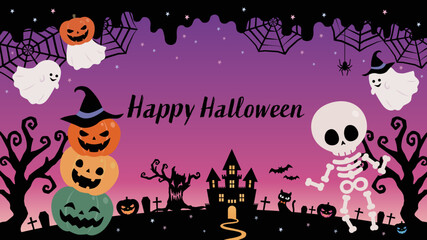 ハロウィン カボチャとオバケと骸骨のフレーム背景素材