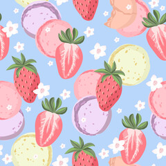 Seamless pattern with colorful macarons and strawberries. Cute dessert and berry background for fabric, wrapping, textile, wallpaper, apparel. Vector illustration. - 523794697