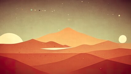 Flat minimal sci-fi landscape. 4K wallpaper of mars, with the sun and other planet in the horizon. Minimalistic background with orange hills and gradient sky. Moon, planets and stars. Science-fiction.