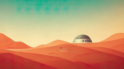 Fototapeta na wymiar Minimal flat, spaceship, futuristic, 4K wallpaper with space and planets. Minimalistic look. Geometric shapes, orange, teal, cyan colors. Ideal vintage, old school background, high quality.