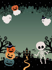 ハロウィン カボチャとオバケと骸骨のフレーム背景素材