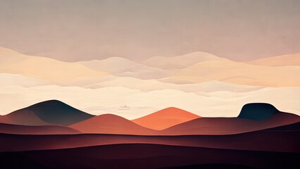 Fototapeta na wymiar Mountains, flat 2d, minimal vintage wallpaper. 4k backgrounds of mountain, sky and hills. Colorful pastel colors. Cartoon design. Minimal, geometric trendy backdrop.