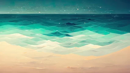 Poster Minimal flat, vintage ocean view. 4K wallpaper with sea and waves. Minimalistic cloud and water look. Beautiful blue, teal, cyan colors. Ideal vintage, old school background, high quality. © Fortis Design