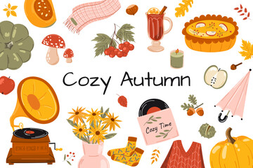 Vector set of autumn elements: pumpkin, falling leaves, cozy food, clothes, mushrooms and more. Bright background for harvest time. Autumn greeting card. Cozy autumn