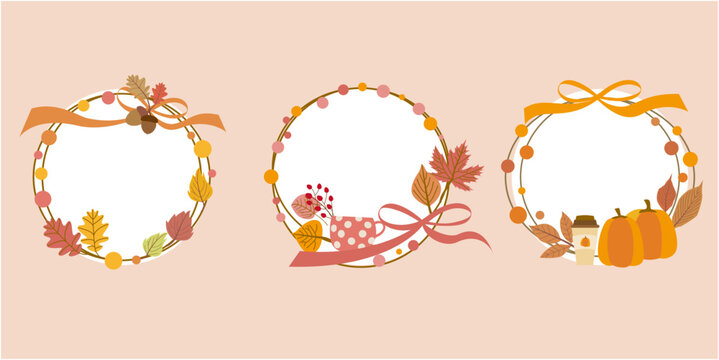 Set of autumn decoration round frame. Autumn leaves, pumpkins and cup of coffee decorative frame collection. fall decoration illustration. autumn decoration, card, frame, decoration elements.