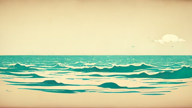 Minimal flat, vintage ocean view. 4K wallpaper with sea and waves. Minimalistic cloud and water look. Beautiful blue, teal, cyan colors. Ideal vintage, old school background, high quality.