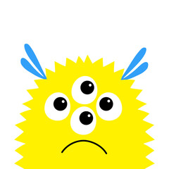 Fluffy monster yellow head face silhouette. Happy Halloween. Cute Funny Kawaii cartoon baby character. Eyes, horn ears. Sad face. Boo. Sticker print. Flat design. White background.