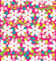 Retro Simple Daisy Flowers on Colorful Dots Background Trendy Fashion Colors Seamless Pattern Vector Minimal Simple Design