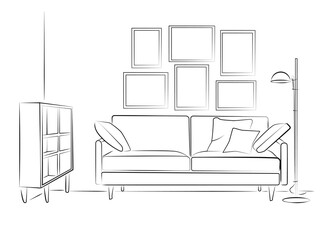 Illustration of a modern living room interior. Lounge seating area with sofa and pillows, coffee table, potted plants, bookshelf and picture on the wall.