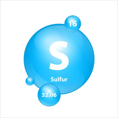Sulfur, Sulphur (S) icon structure chemical element round shape circle light blue. Chemical element of periodic table Sign with atomic number. Study in science for education. 3D Illustration vector.