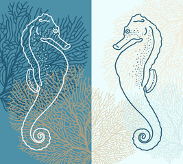 Two linear silhouettes of a seahorse and silhouettes of corals. Vector illustration. © NBvector