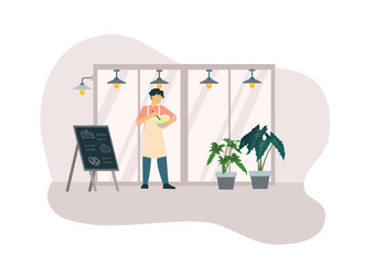 Business owners cartoon diverse people work in the family business. Collection of owners and customers with a small shop, guest house, cafe, store facades, and services.