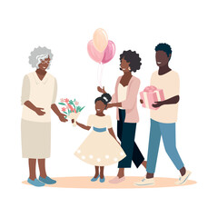 Loving family congratulates grandmother on the holiday. Grandmother's day.Vector illustration in flat style.
