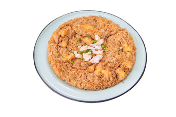 Orange-yellow shrimp omelette placed on a white plate with cooked shrimp and sliced fresh onions placed on top of the egg. Healthy diet food for breakfast. Tasty morning food. Top view, flat lay.