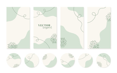 Minimalist instagram stories templates and highlight story cover icons in green neutral colors. Abstract organic hand drawn shapes vector backgrounds