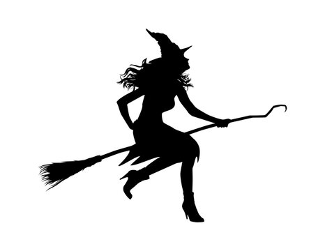 Silhouette of a witch on a broomstick. Vector.