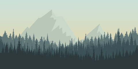 Vector illustration mountains. Mysterious landscape of forest, mountaings in fog	
