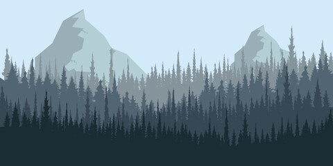 Vector illustration mountains. Mysterious landscape of forest, mountaings in fog	
