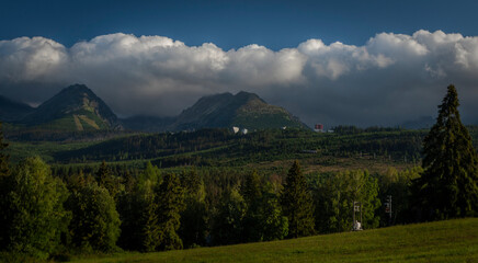Vysoke Tatry mountains in summer cloudy morning near Strbske Pleso village