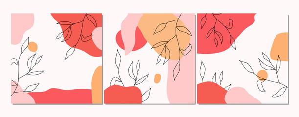 Modern abstract background with organic shapes and twig in one line style. Fashion collages, minimalistic modern vector backgrounds. For printing, prints, flyers, posters, sales