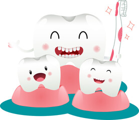 Cute cartoon tooth plays with floss and toothpaste.  Oral dental hygiene.