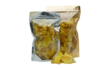 crispy durian in bag on isolated white background .