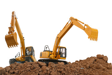 Two Crawler Excavator is digging with lift up in the construction site  on isolated white background.