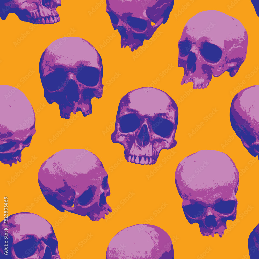 Poster seamless pattern with purple skulls on an orange backdrop. creative vector background with realistic