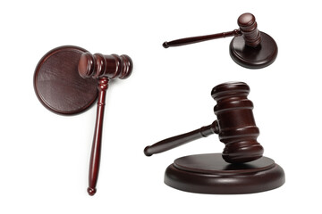 Wooden judge gavel and soundboard isolated on a white background.