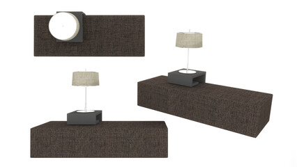 brown fabric sofa with table lamp on white background,side, 3d rendering