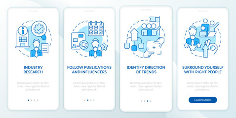 How to identify trends blue onboarding mobile app screen. Management walkthrough 4 steps editable graphic instructions with linear concepts. UI, UX, GUI template. Myriad Pro-Bold, Regular fonts used