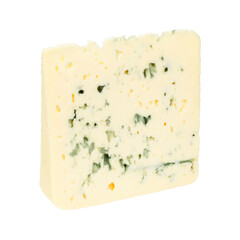 A piece of blue cheese on a white background, close-up.