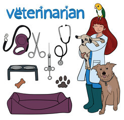 Girl veterinarian with a goat, a dog and a parrot. Set for veterinary clinic.