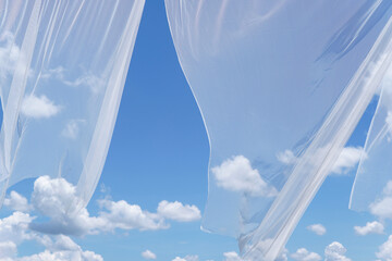 White transparent curtain blown in the blue sky and white clouds, beautiful sky backdrop.