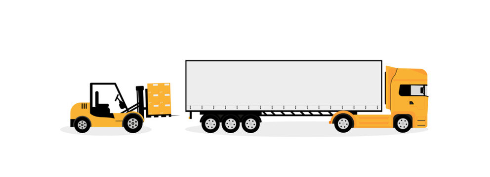 Vector image of a truck for the transportation of goods by motor transport. The loader loads the boxes into the truck. Vector Illustration. EPS 10