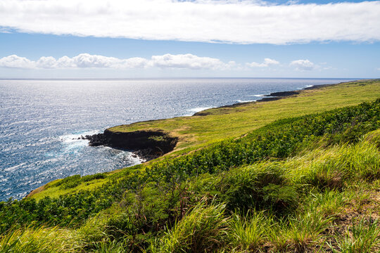 haleokane lookout and pacific ocean on horizon along southern coast of hawaii