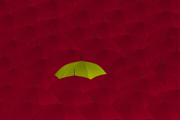stand out from the crowd odd one out concept crowd of red umbrellas one yellow umbrella standing out