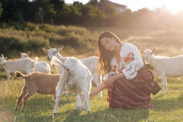 Young Ukrainian woman waters the goats from water can in traditional national clothes on pasture at sunset.