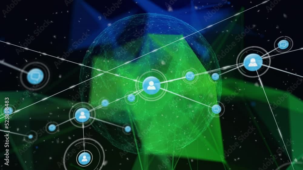 Poster animation of profile icons connecting dots with blue and green geometric shapes on digital interface