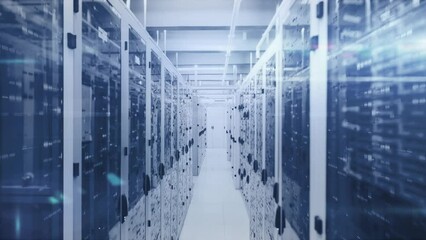 Animation of data processing on digital interface against server room - Powered by Adobe