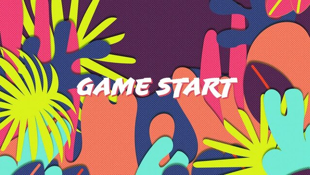 Animation of game start text against colorful abstract patterned digital interface of video game