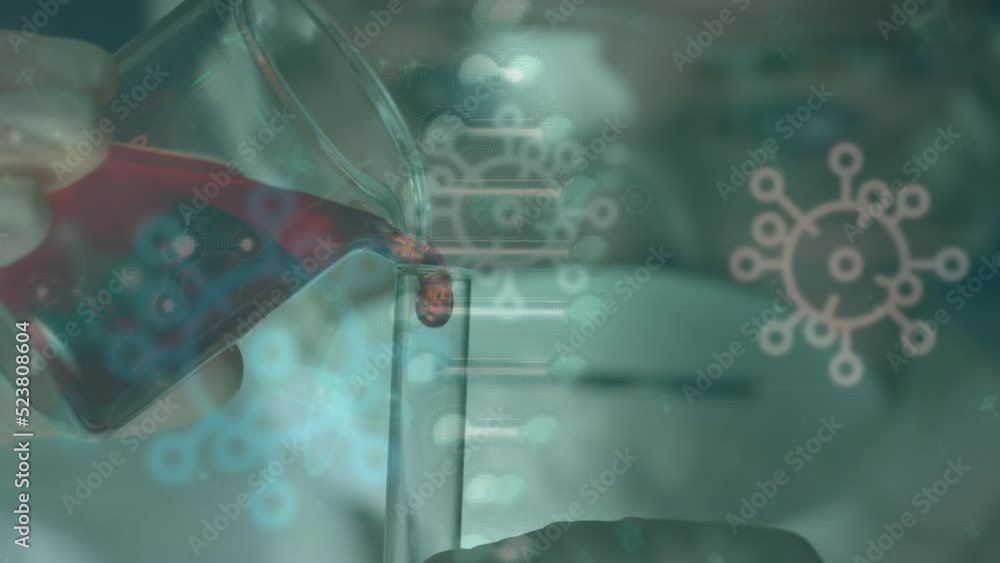 Poster animation of rows of green cubes over scientist holding laboratory beaker with vaccination